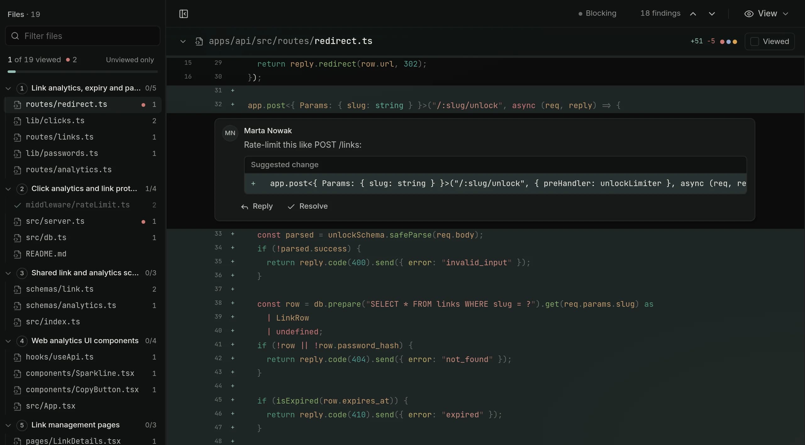 Acuvis files view with a syntax-highlighted diff and an inline comment containing a suggested change.