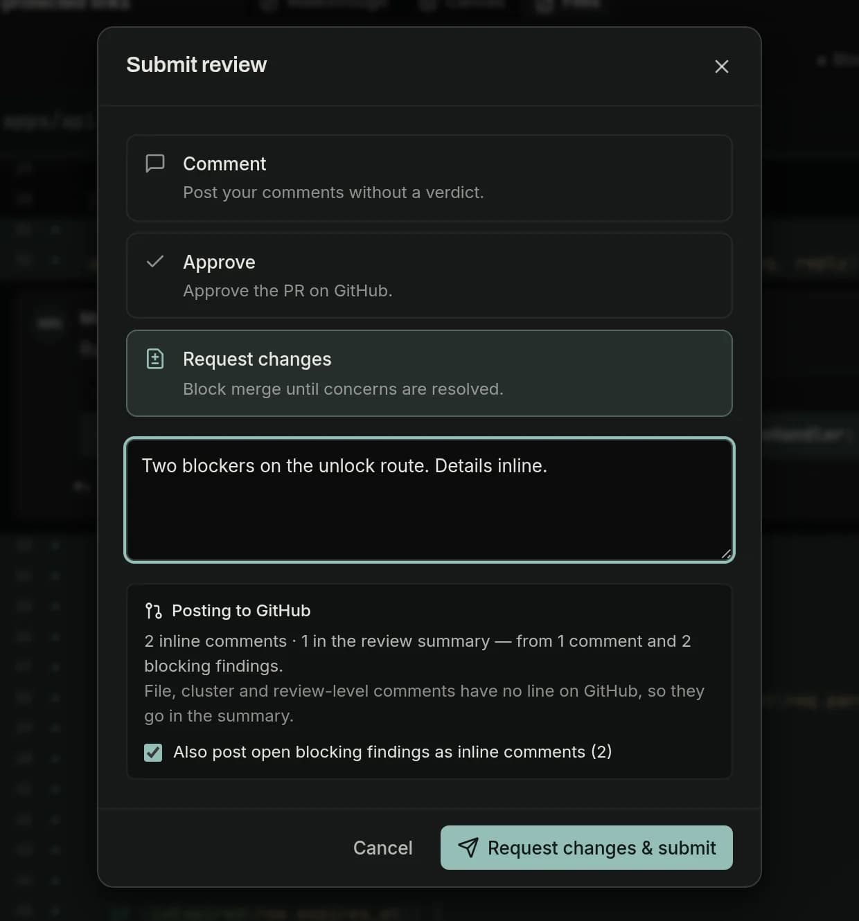 The Acuvis submit dialog with a Request changes verdict and the comments that will be posted to GitHub.