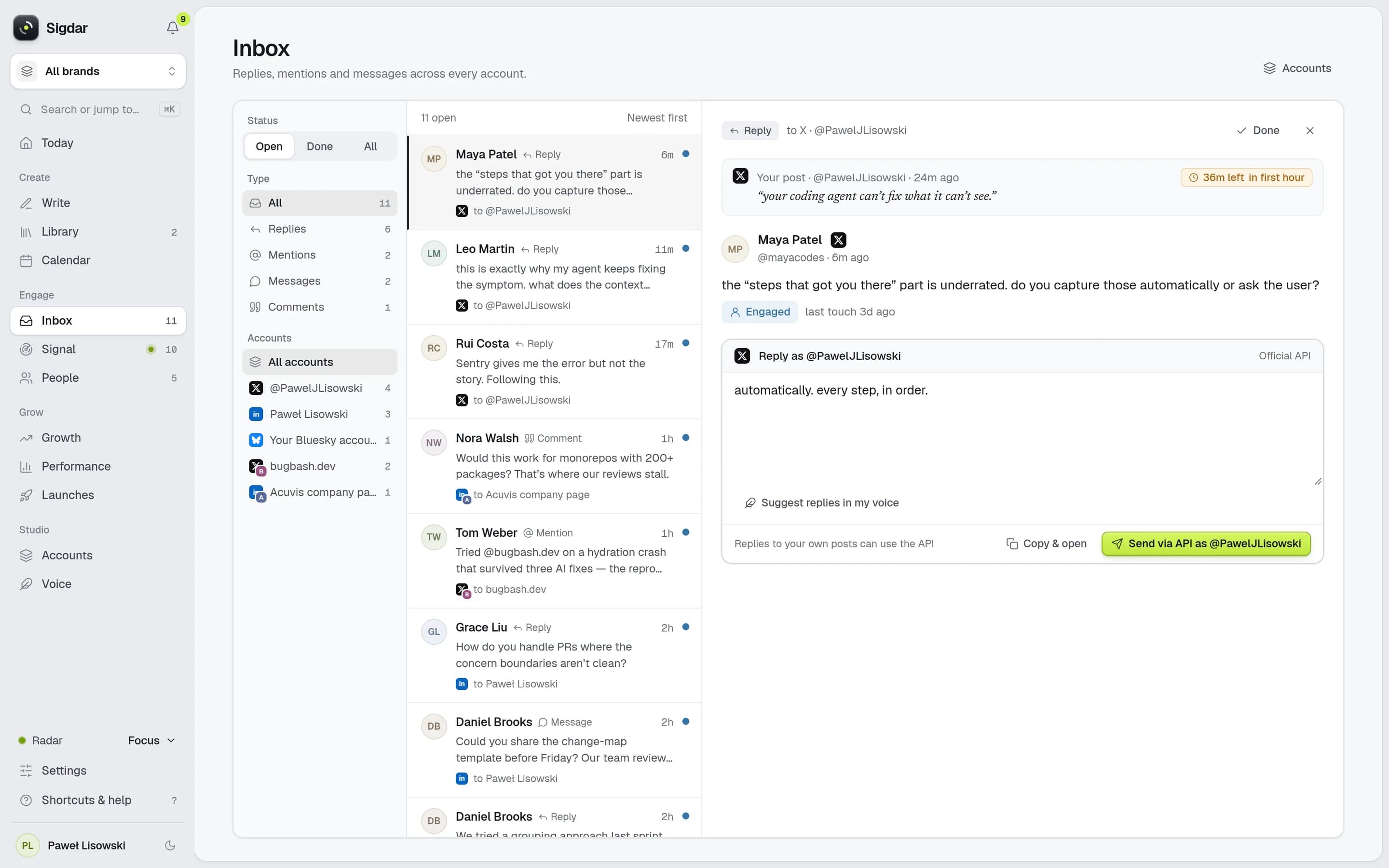 Sigdar's inbox: filters by status, type and account, eleven open replies and mentions across several accounts, and an open reply with 36 minutes left in its first hour and a drafted answer.
