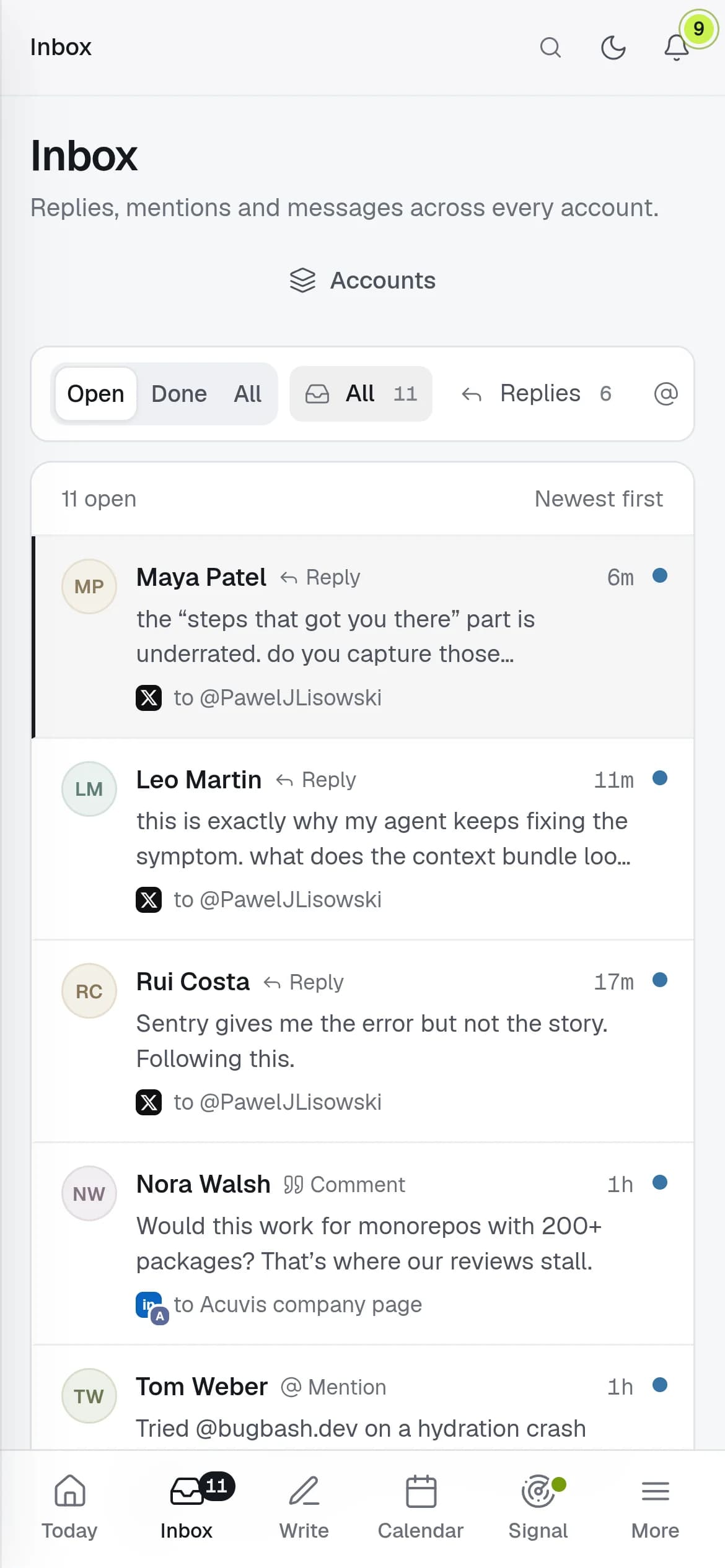 Sigdar on a phone: the inbox with status and type filters, replies from several accounts, and a bottom bar for Today, Inbox, Write, Calendar, Signal and More.