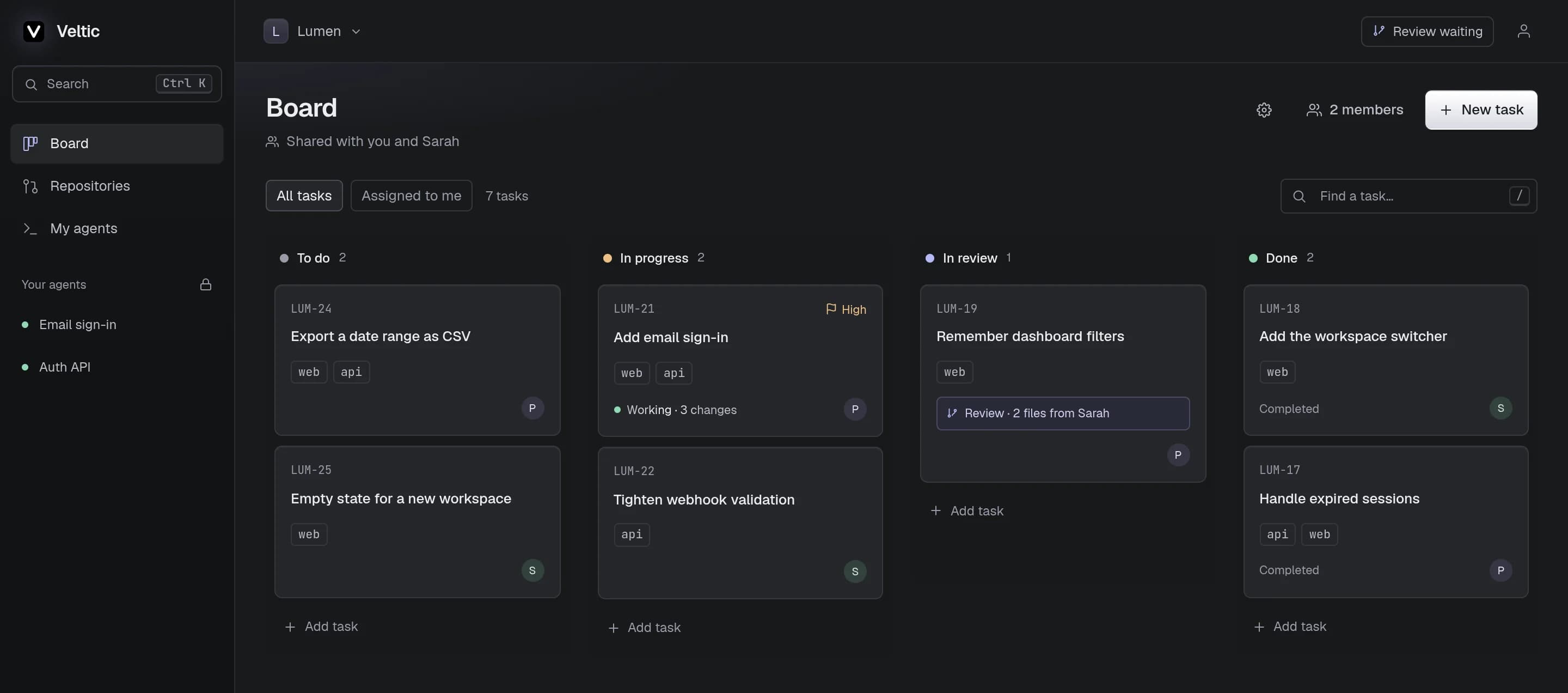 The Lumen project board with To do, In progress, In review and Done columns. LUM-21 Add email sign-in is in progress with an agent working on 3 changes; LUM-19 is in review.